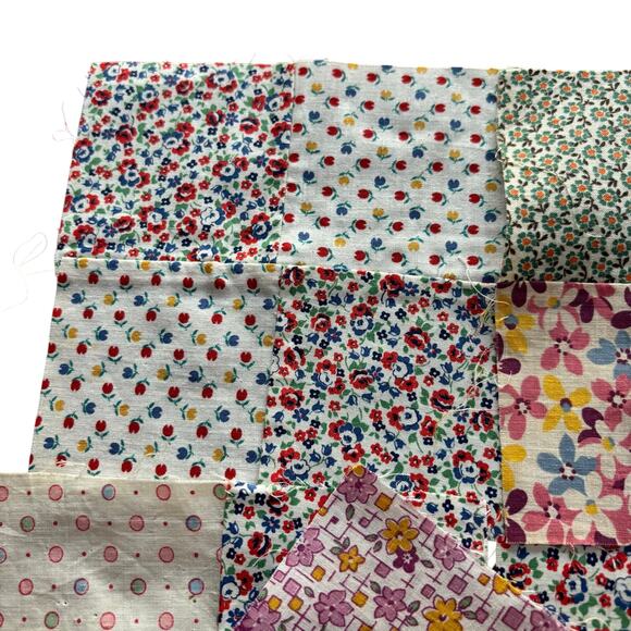 Hand Sewn Patchwork quilt squares (15) multicolor blocks cotton 1940s 4-patch - Picture 8 of 10